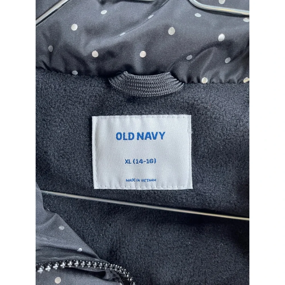 Old Navy Girls XL 14-16 Puffer Vest Black Polka Dot Fleece Lined Outerwear